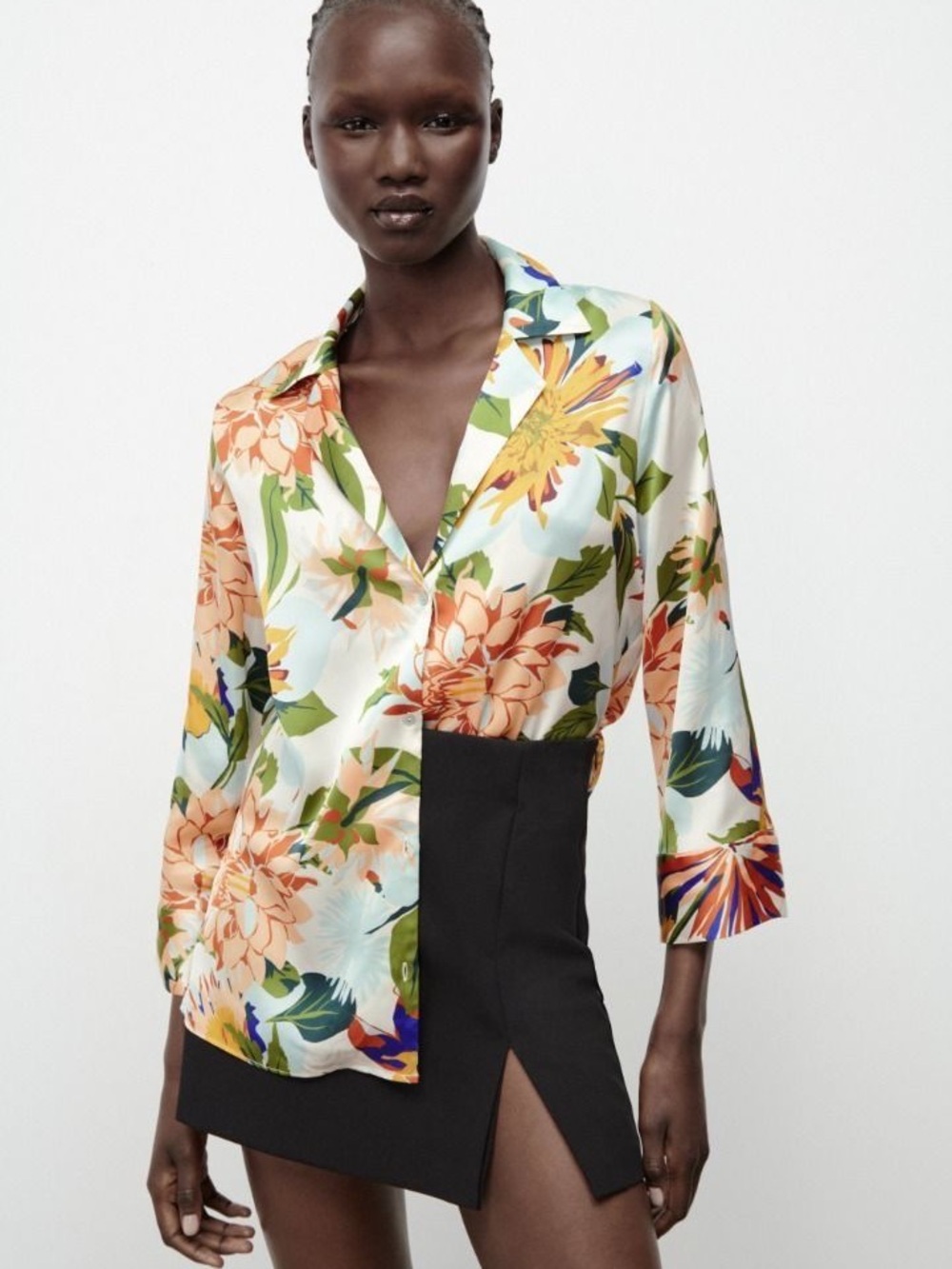 ZARA Floral Satin Button-Down Blouse in Multi
